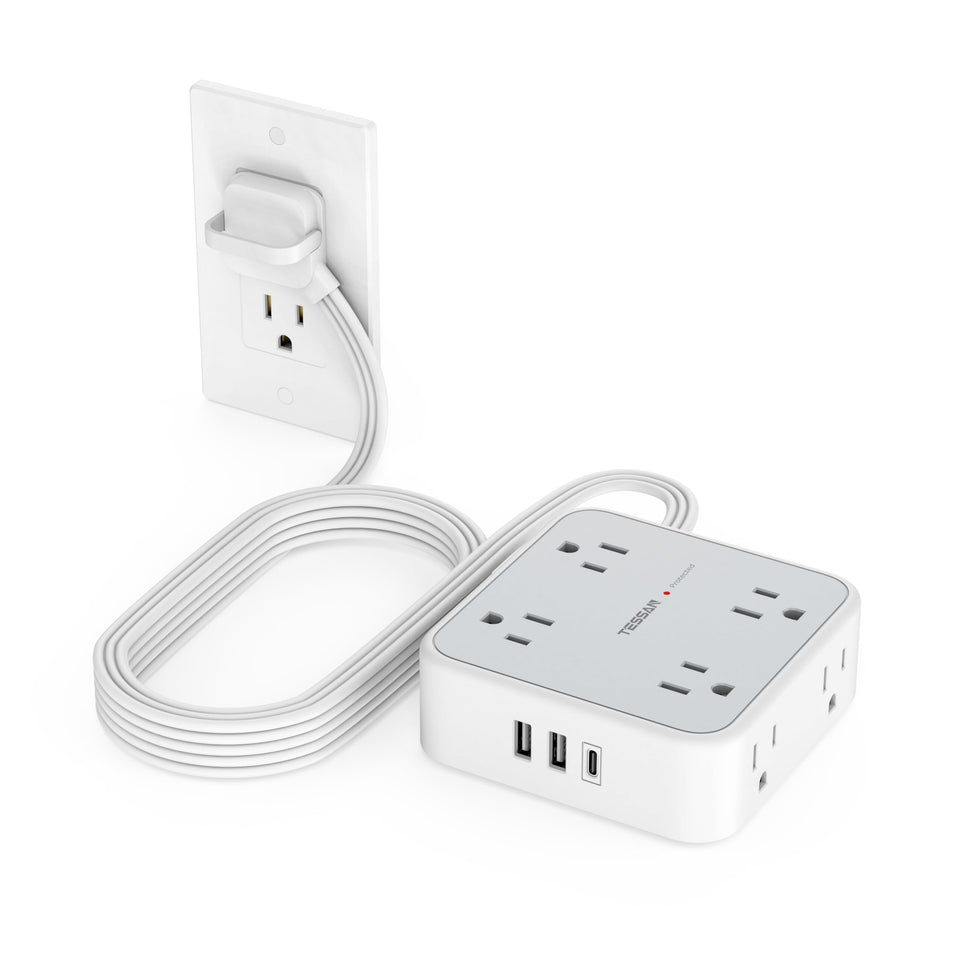 TESSAN power strip front view showing outlets and USB ports, neat organization benefit