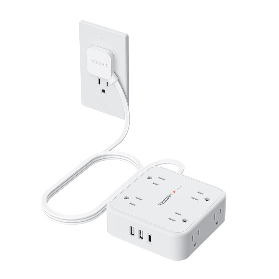 TESSAN front view of white power strip showing outlets and switch for easy organization