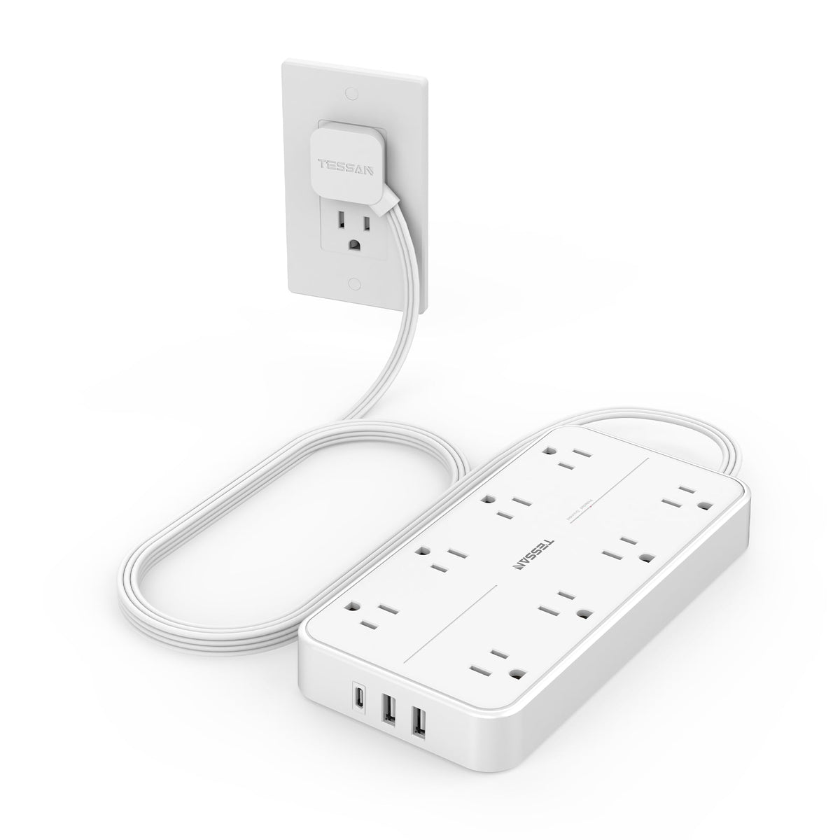 TESSAN front view showing eight outlets and three USB ports for versatile charging