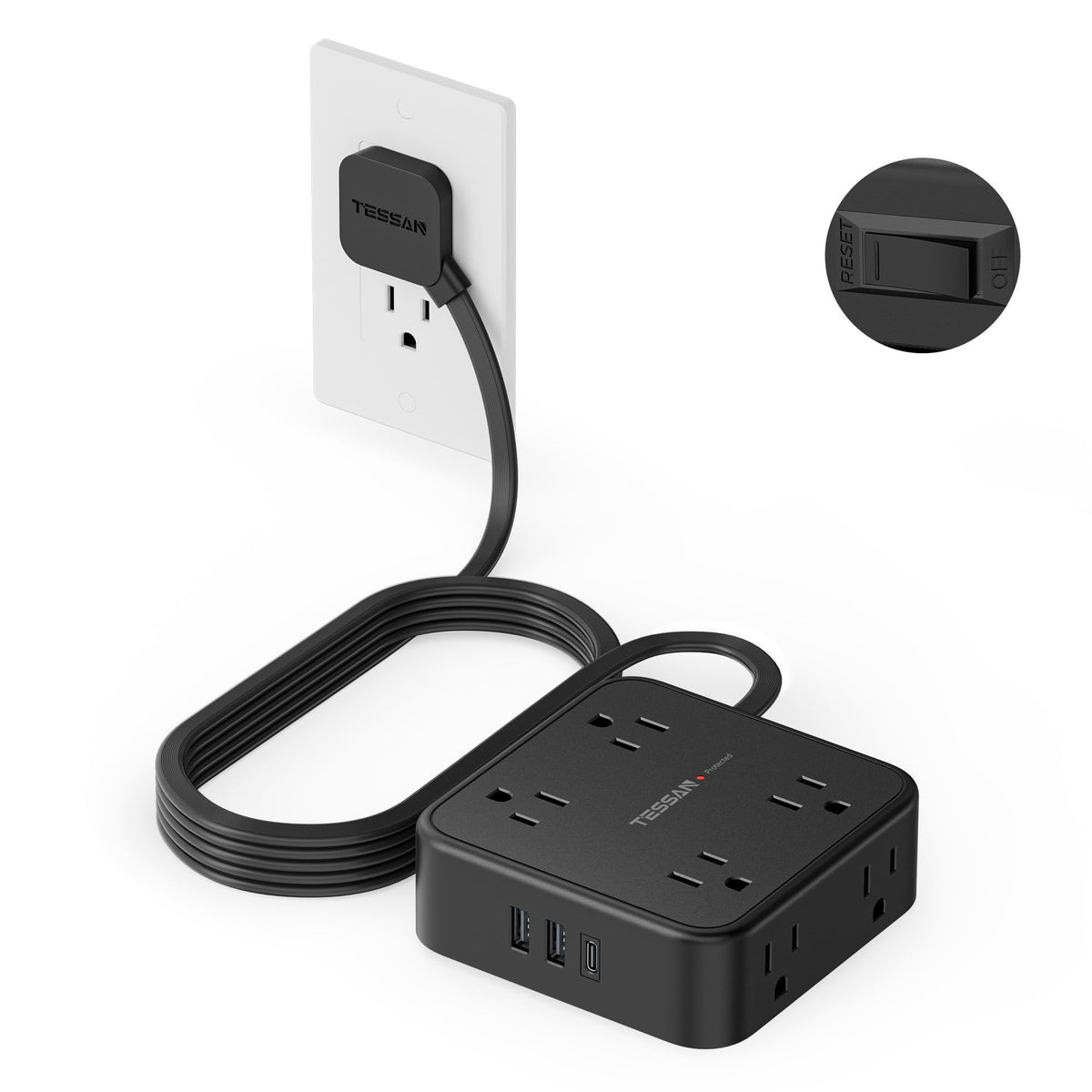 TESSAN front view of power strip showing all outlets and USB ports for versatile charging