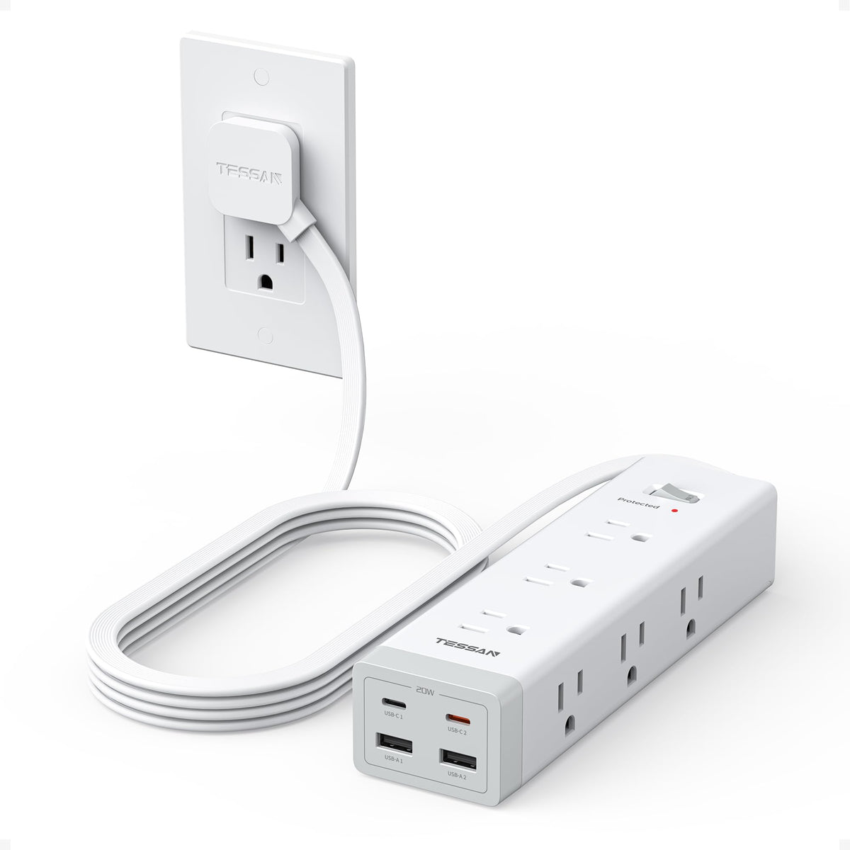 TESSAN front view of power strip showing outlets and USB ports for organized charging