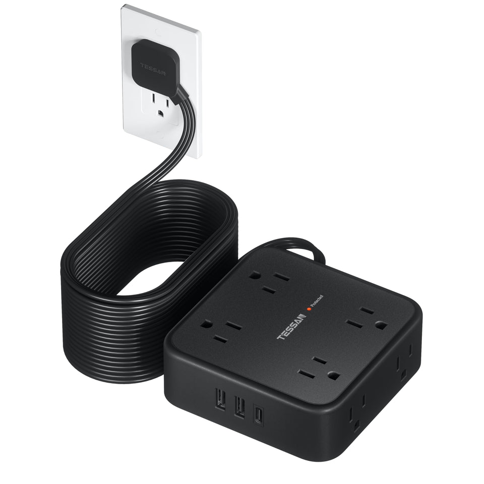 TESSAN front view showing 8 outlets and 3 USB ports for organized charging