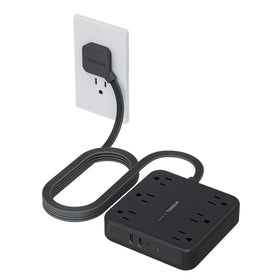 TESSAN front view of power strip showing six outlets and four USB ports for versatile charging