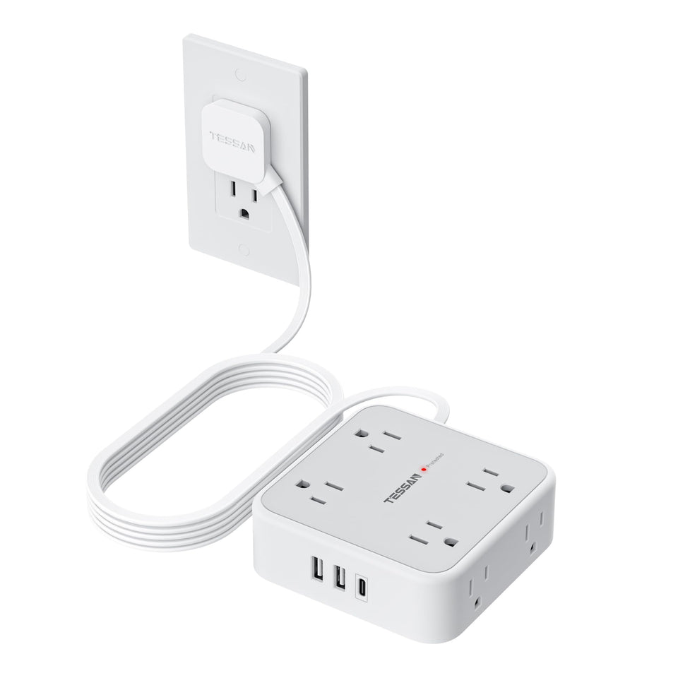 TESSAN front view power strip showing 8 outlets and 3 USB ports for efficient charging