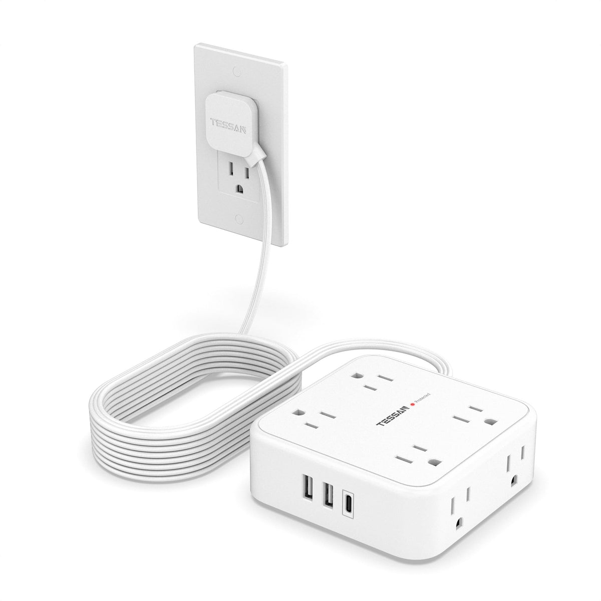 TESSAN front view showing eight outlets and three USB ports for convenient charging