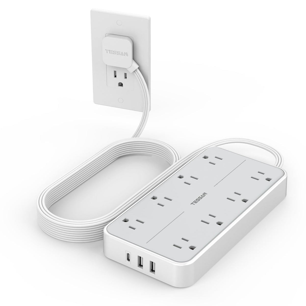 TESSAN front view of power strip showing outlets and USB ports for organized charging