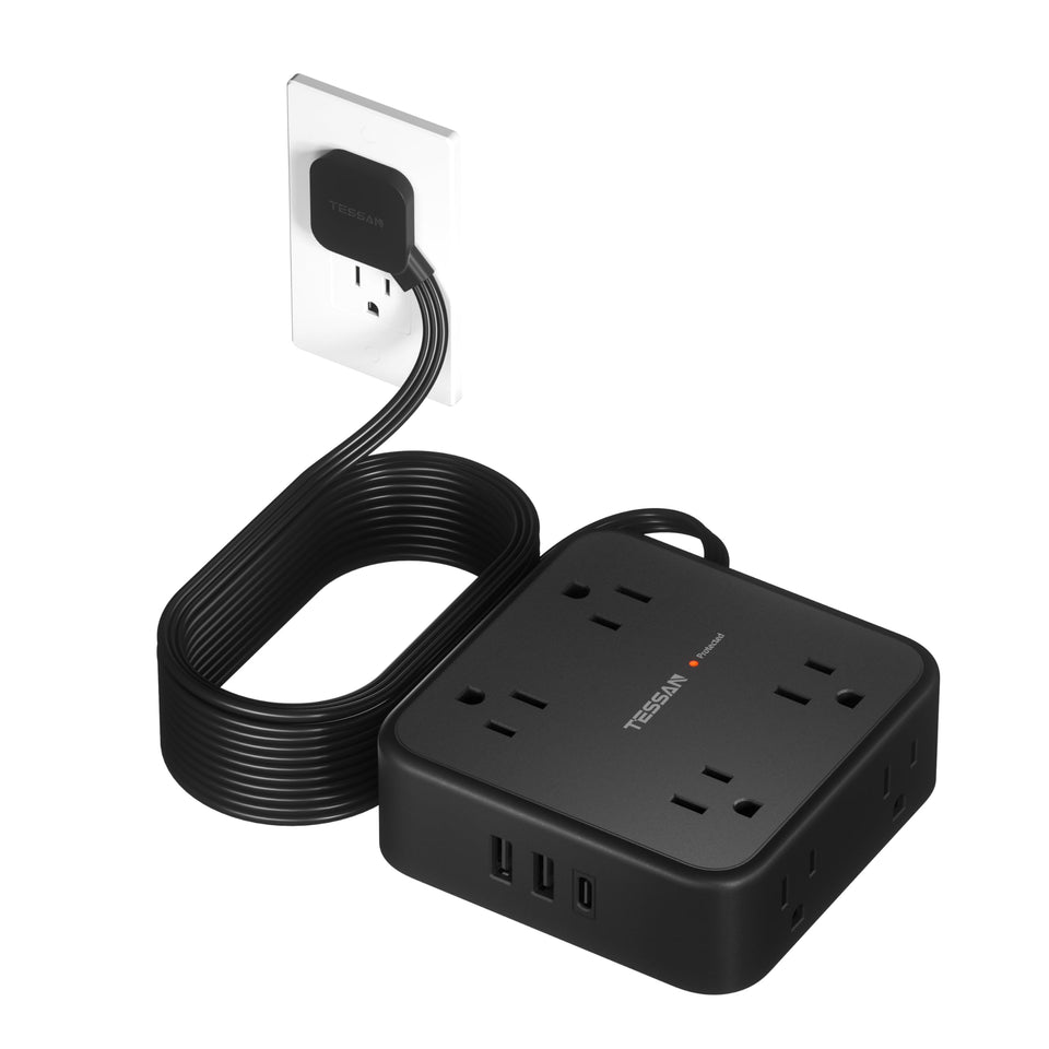 TESSAN front view showing 8 outlets and 3 USB ports for convenient charging