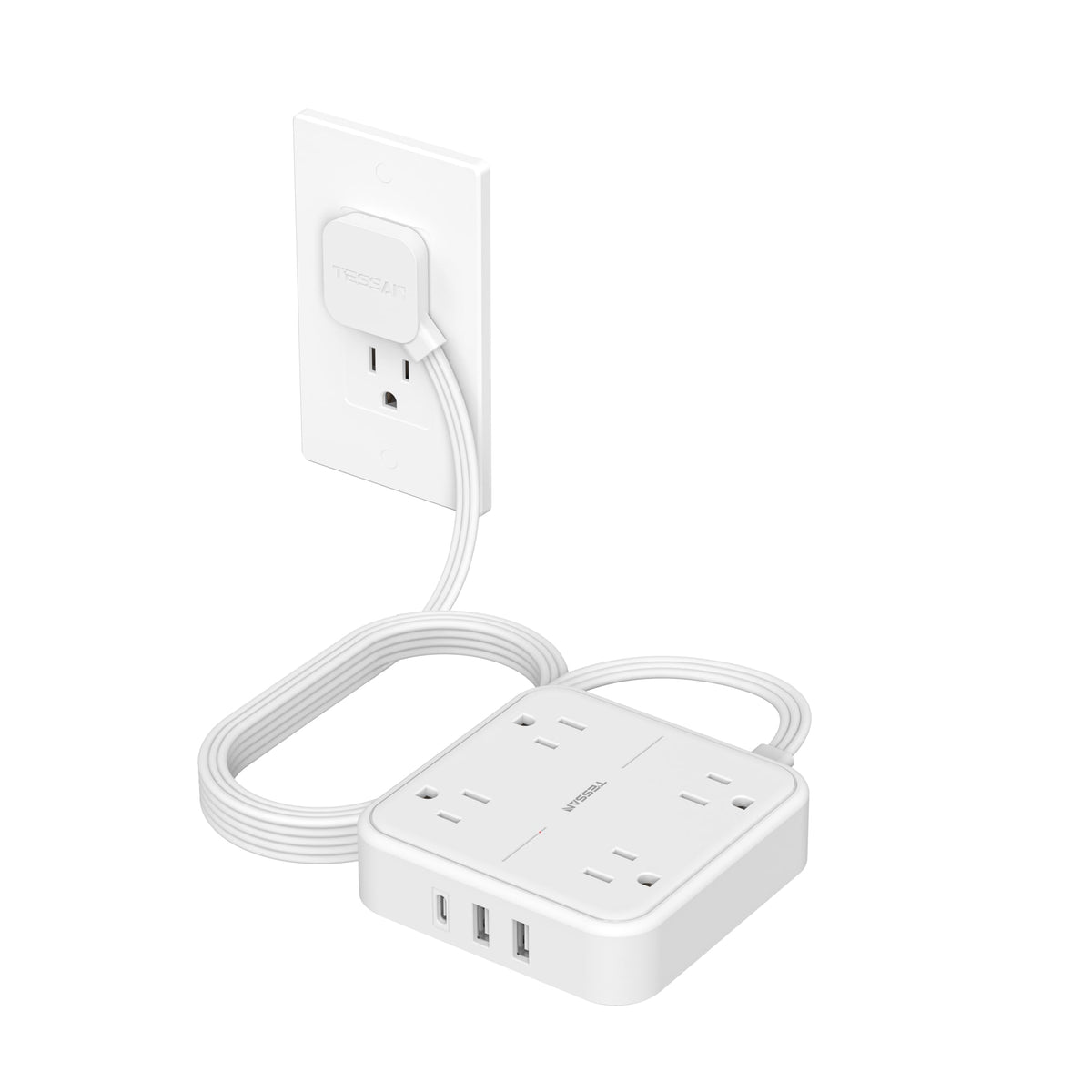 TESSAN front view of power strip showing outlets and USB ports for multi-device charging