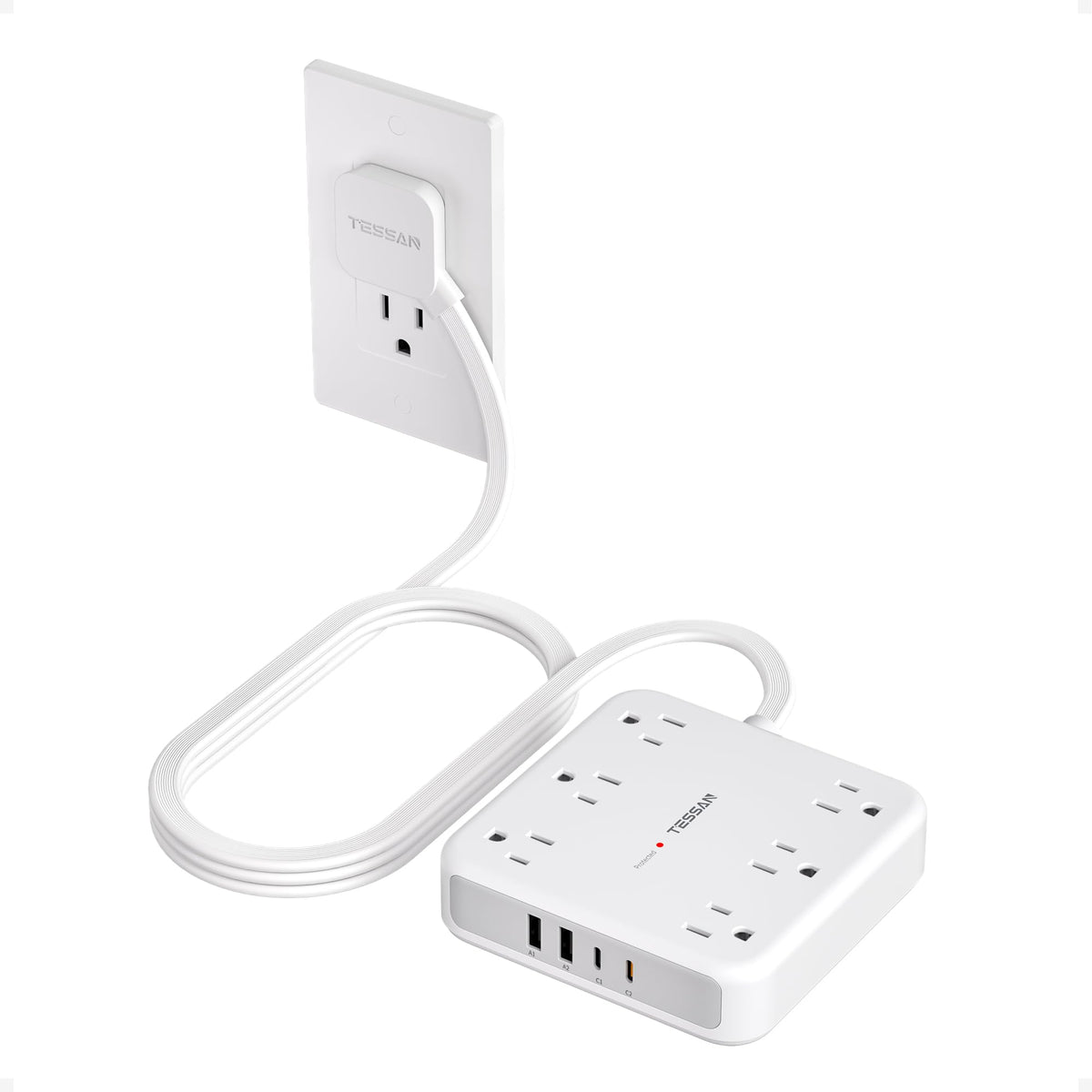 TESSAN front view of the power strip showing outlets and USB ports for organized charging
