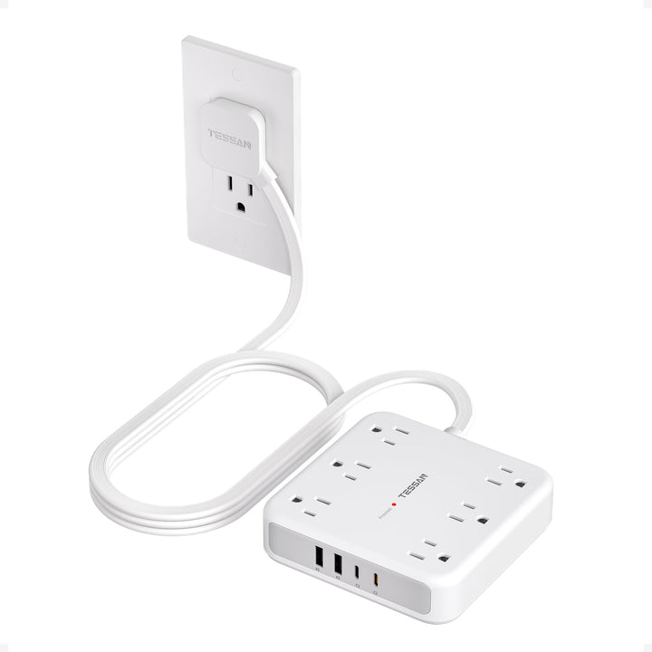 TESSAN front view of the power strip showing outlets and USB ports for organized charging
