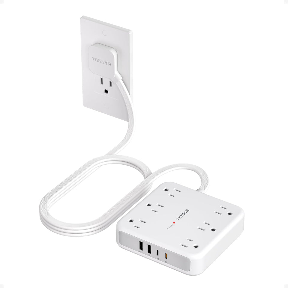 TESSAN front view of the power strip showing outlets and USB ports for organized charging