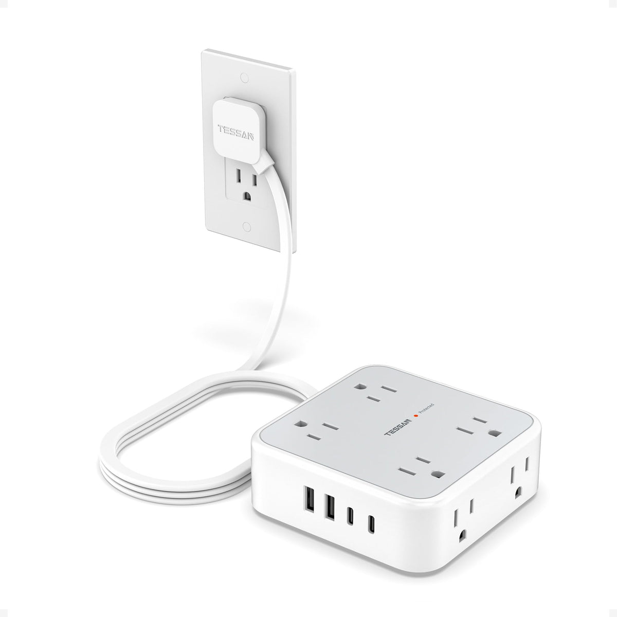 TESSAN front view showing all eight outlets and four USB ports for convenient charging