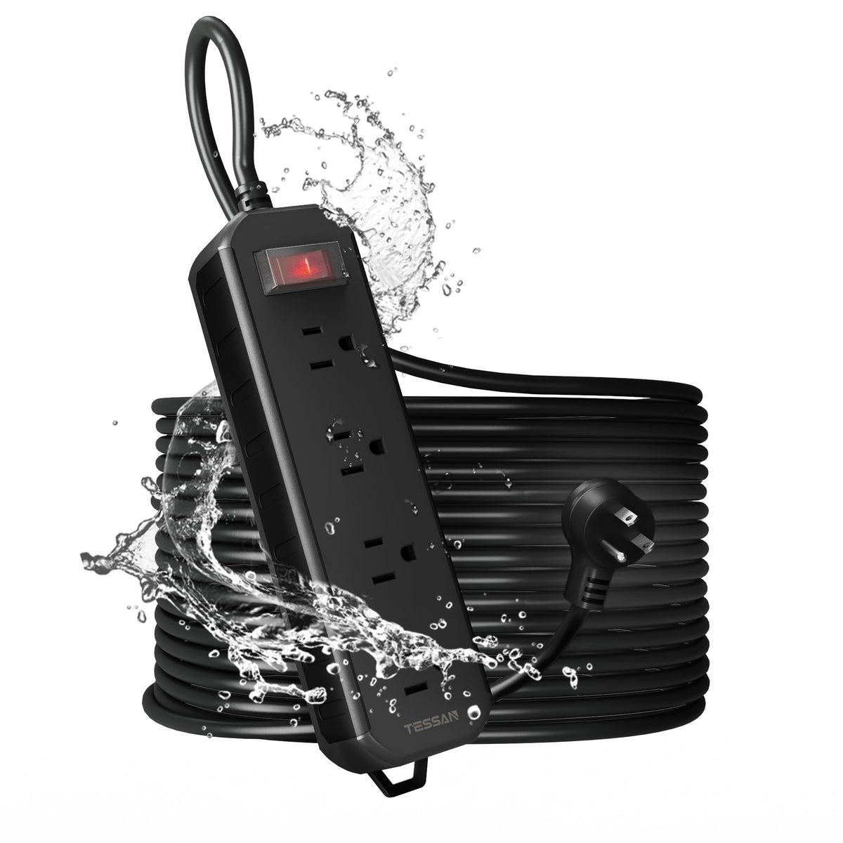 TESSAN front view of power strip showing four outlets and compact design for organization
