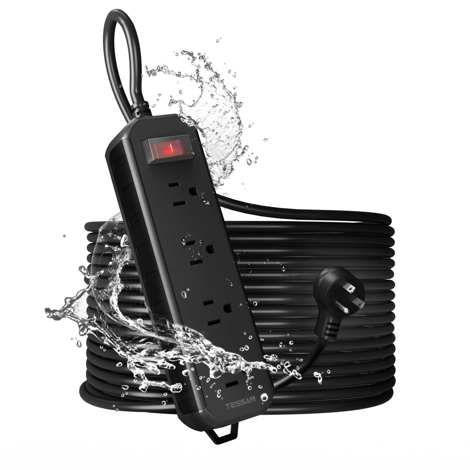TESSAN front view of power strip showing four outlets and compact design for organization