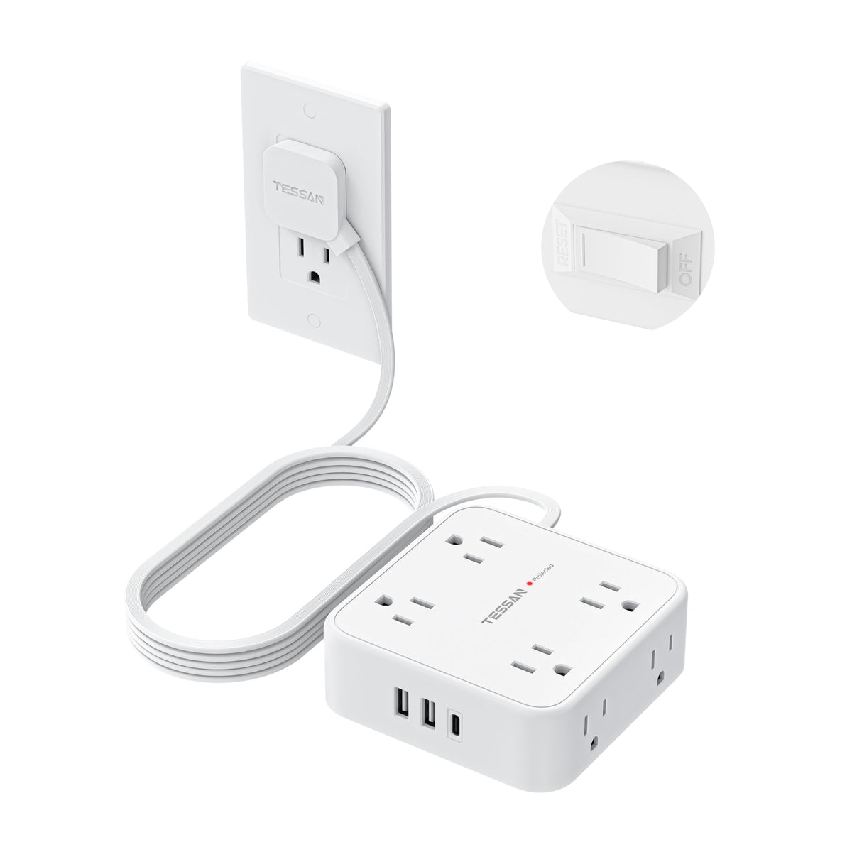 TESSAN front view showing eight outlets and USB ports for versatile charging