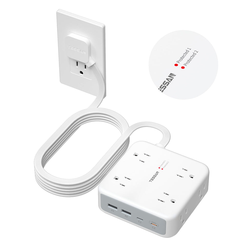 TESSAN front view power strip showing outlets and USB ports for organized charging