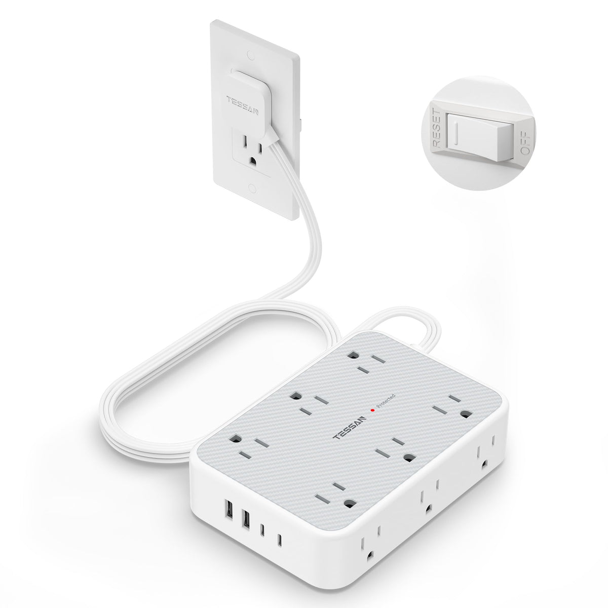 TESSAN front view showing all 12 outlets and four USB ports for high-capacity charging