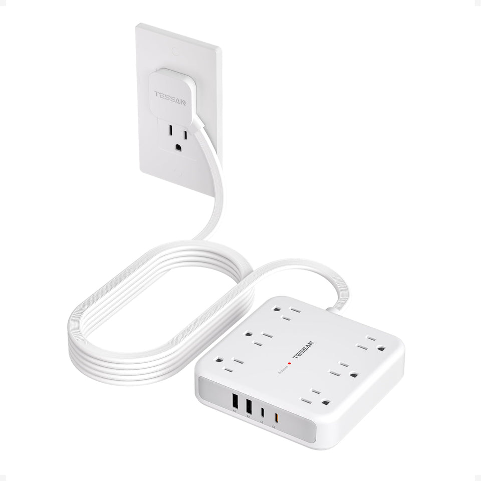 TESSAN front view of grey power strip showing six outlets and four USB ports for organized charging