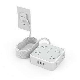 TESSAN front view power strip showing 8 outlets and three USB ports for compact charging