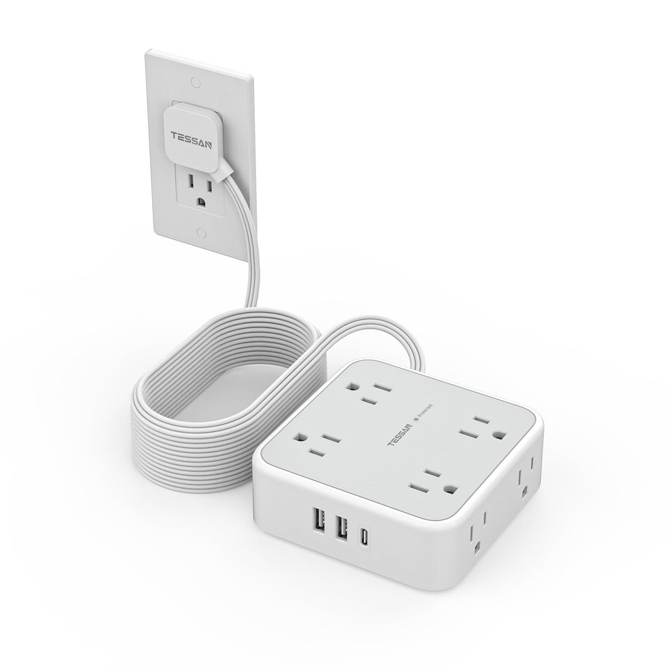 TESSAN front view power strip showing 8 outlets and three USB ports for compact charging
