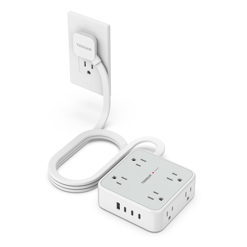 TESSAN front view of power strip showing 8 outlets and 4 USB ports for versatile charging