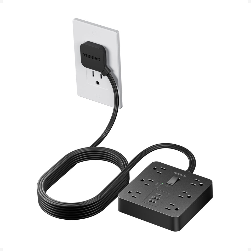 TESSAN front view showing six outlets and three USB ports for versatile charging