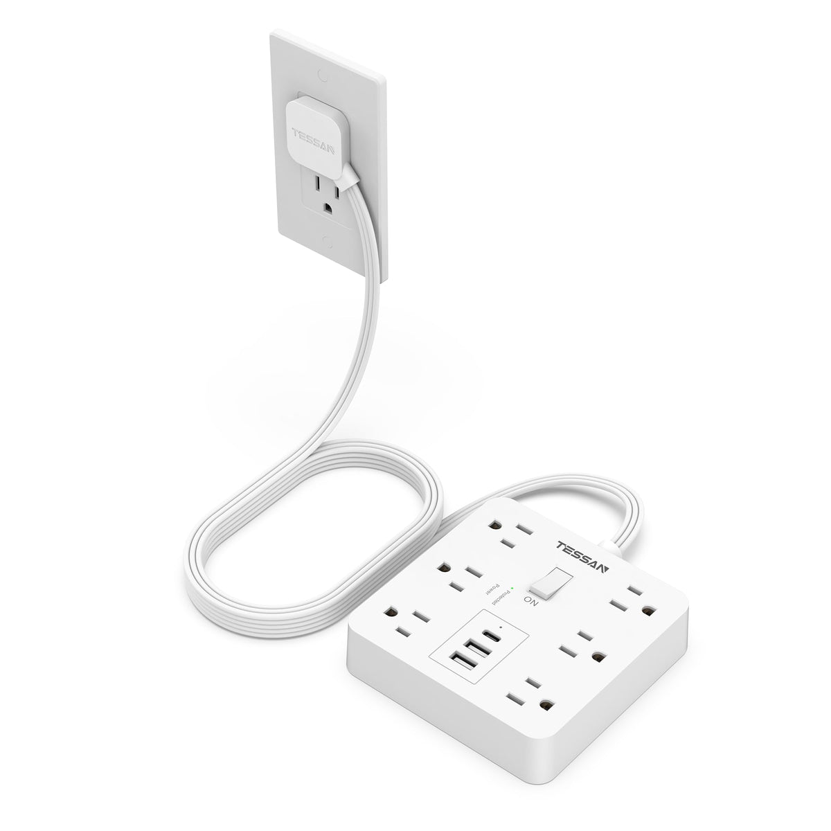 TESSAN front view of power strip showing six outlets and USB ports for versatile charging