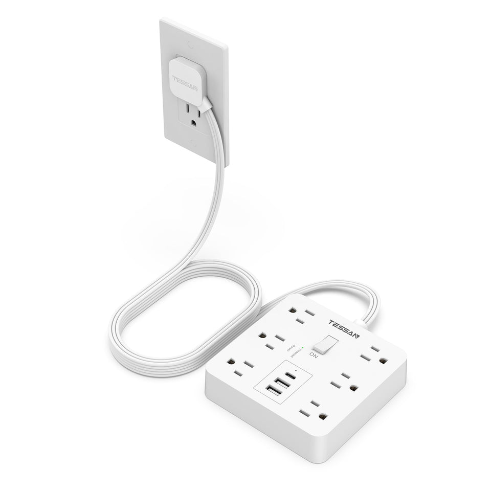 TESSAN front view of power strip showing six outlets and USB ports for versatile charging