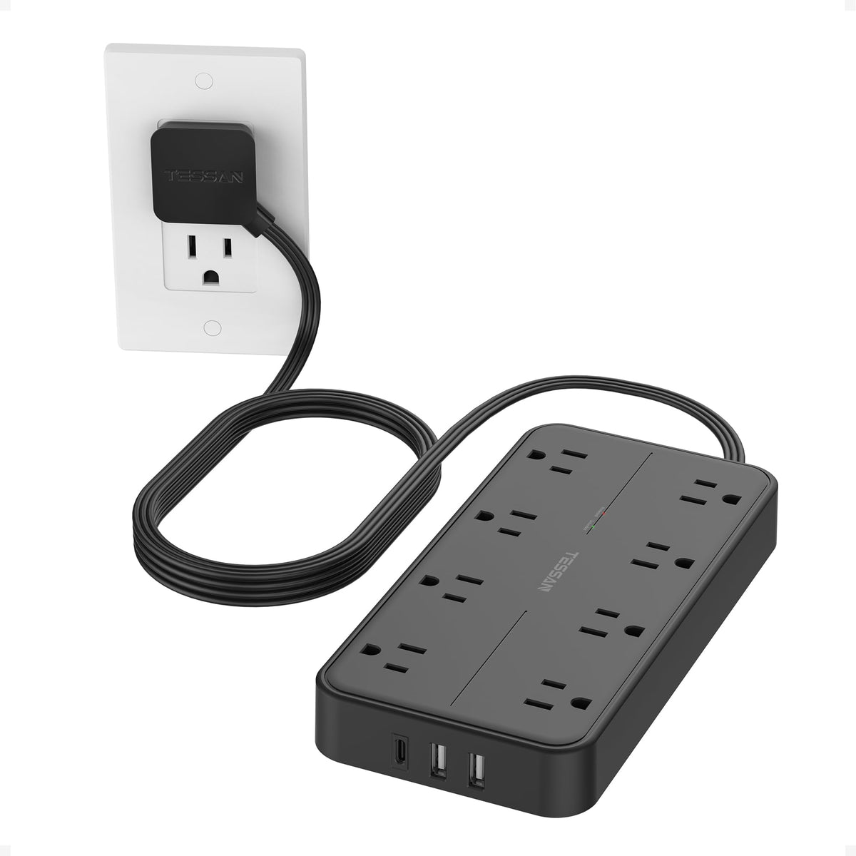 TESSAN front view showing eight outlets and three USB ports for organized charging