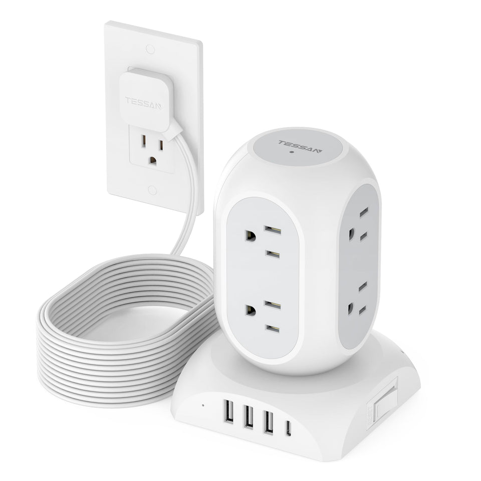 TESSAN front view tower power strip showing outlets and compact footprint for space saving