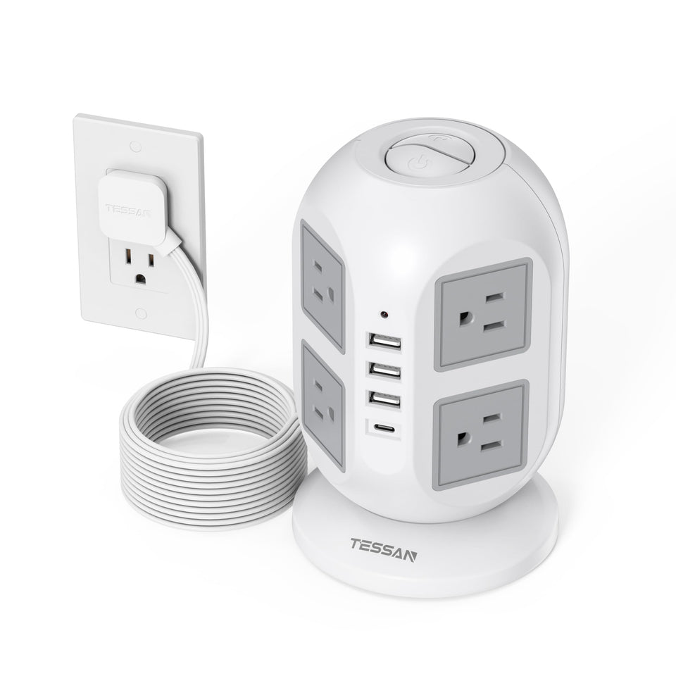TESSAN front view of tower power strip, organizes multiple devices safely