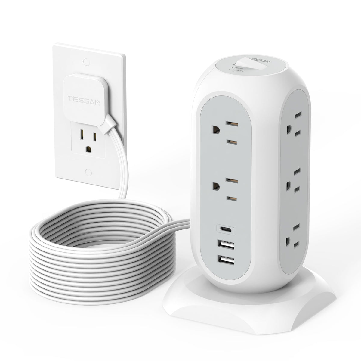 TESSAN front view of tower power strip showing outlets and stable base for organized charging