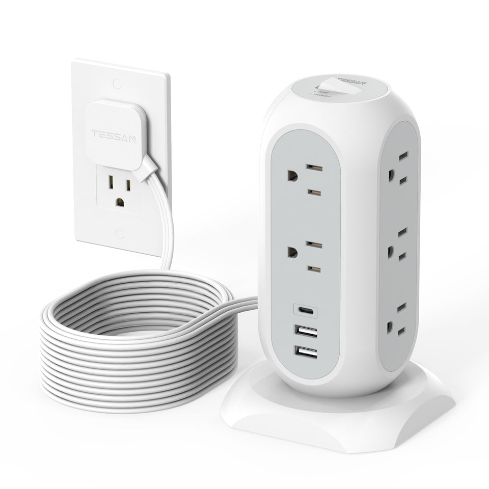 TESSAN front view of tower power strip showing outlets and stable base for organized charging
