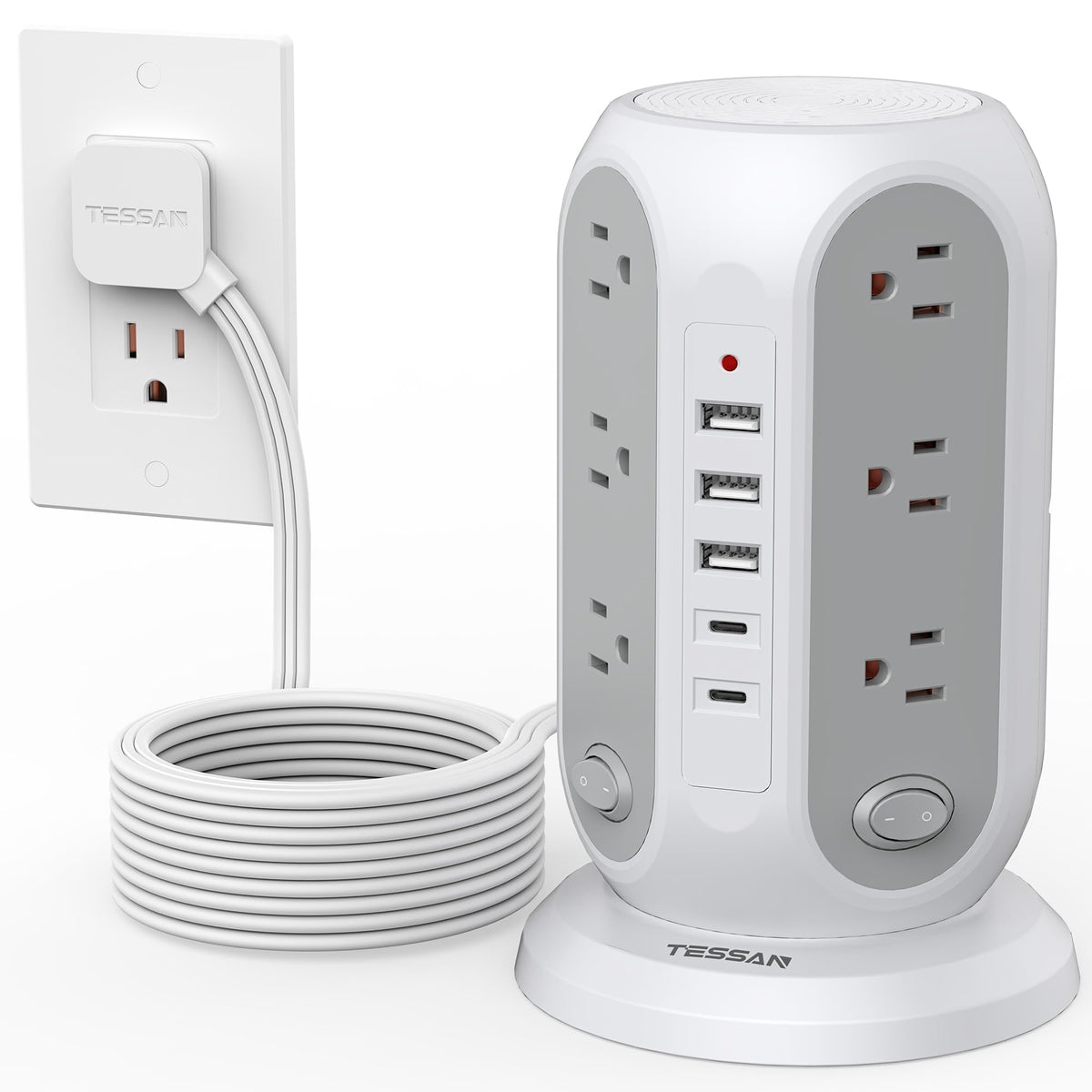 TESSAN front view of tower power strip showing many outlets for better device organization