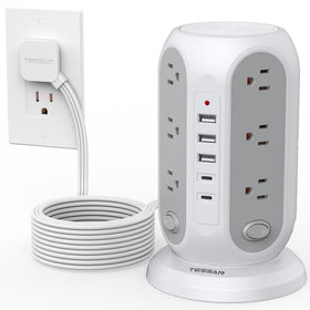 TESSAN front view of tower power strip showing many outlets for better device organization