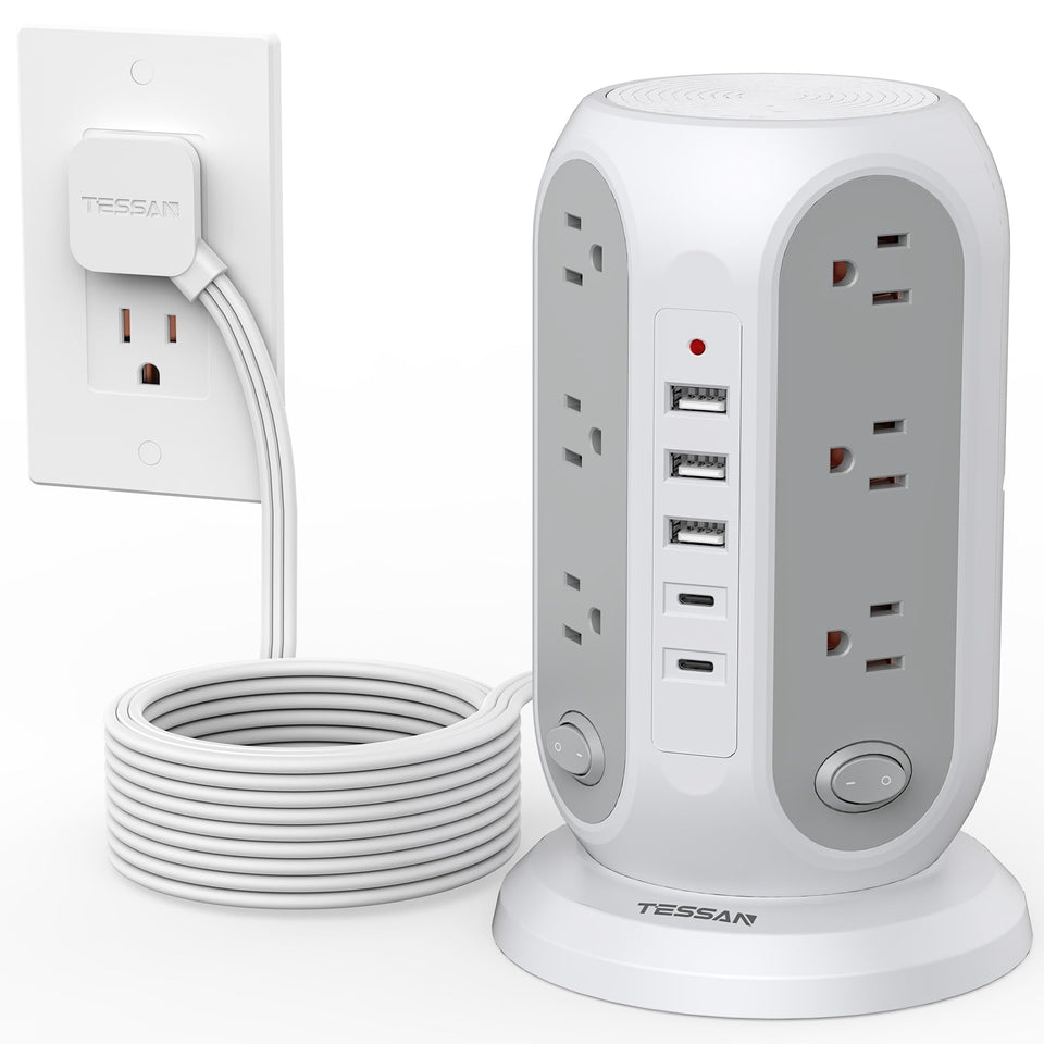TESSAN front view of tower power strip showing many outlets for better device organization