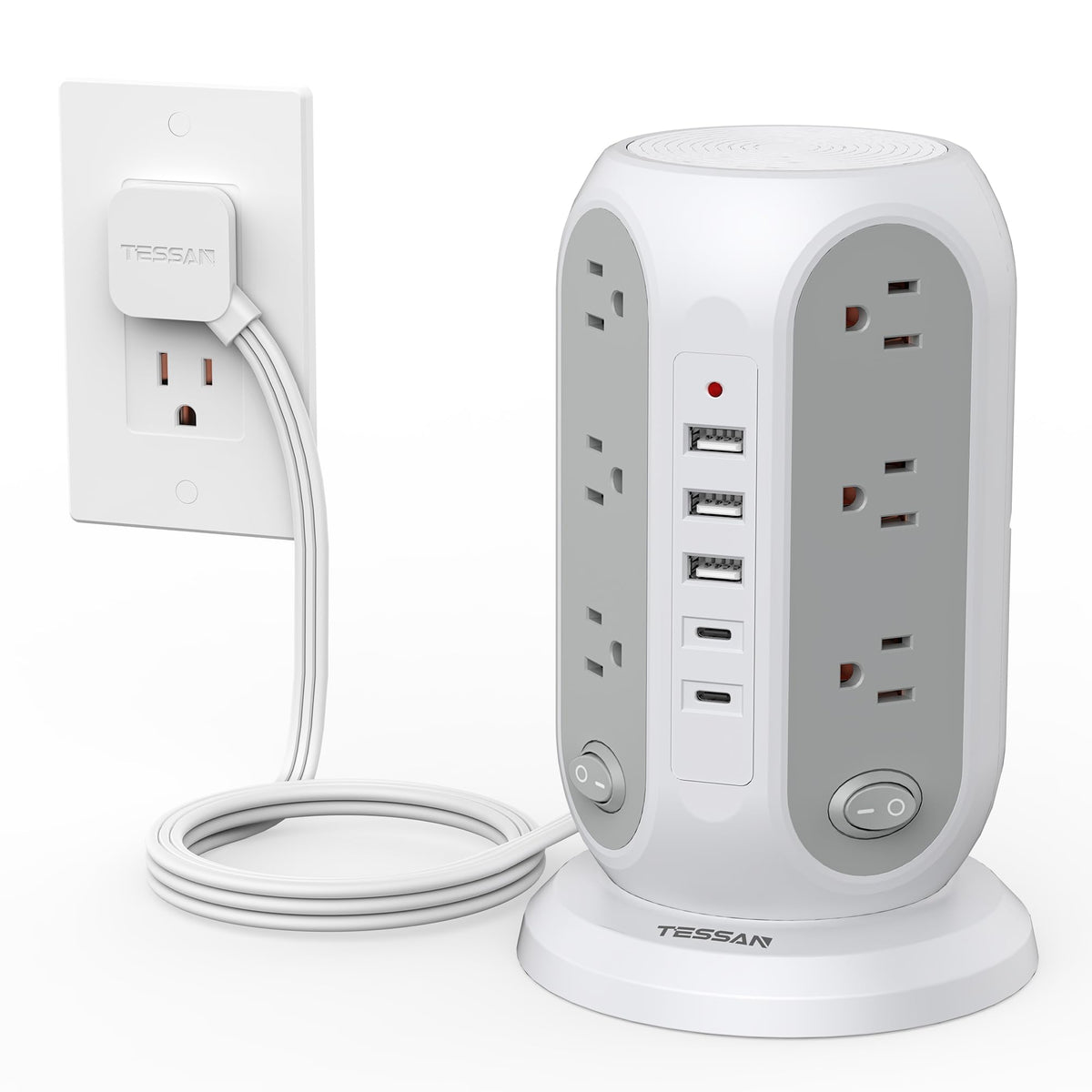 TESSAN front view tower power strip showing all outlets for neat charging