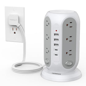 TESSAN front view tower power strip showing all outlets for neat charging