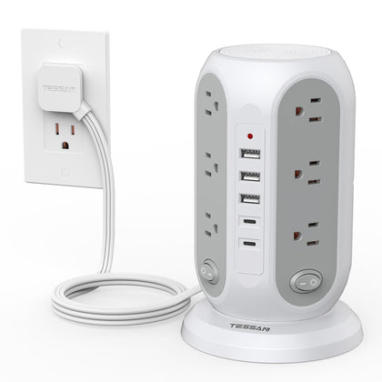 TESSAN front view tower power strip showing all outlets for neat charging