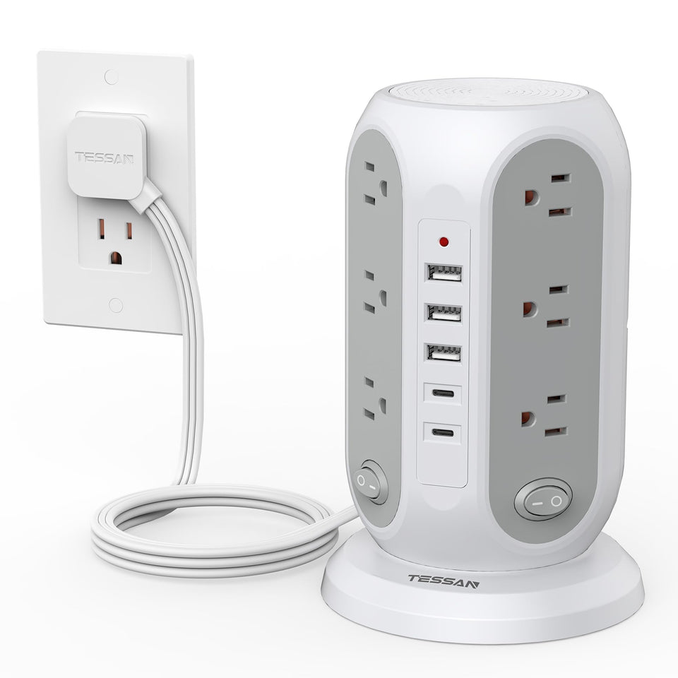 TESSAN front view tower power strip showing all outlets for neat charging