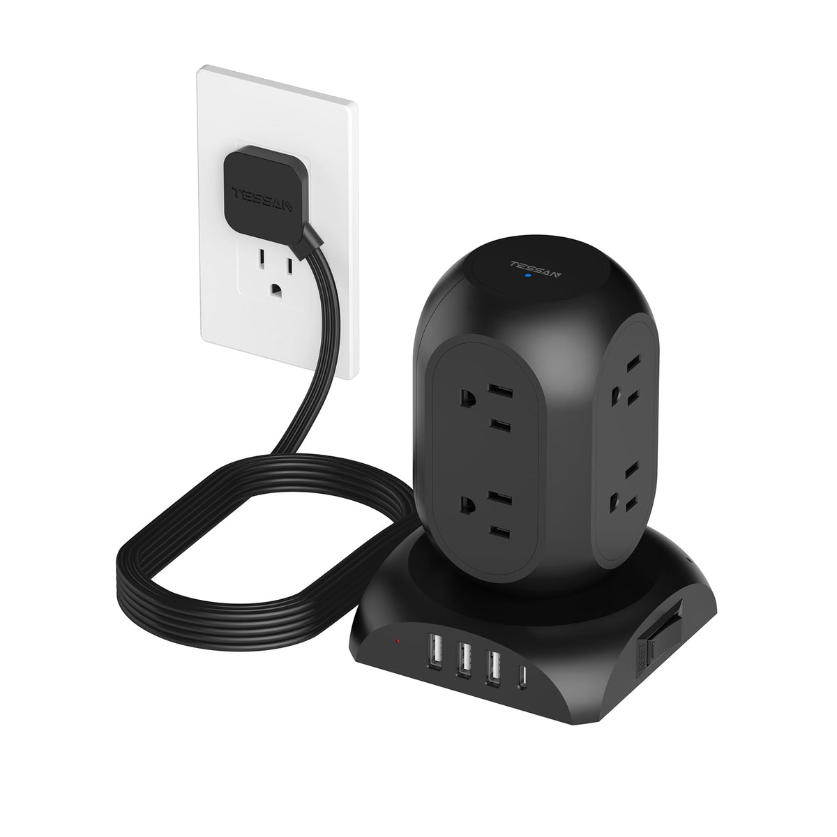 TESSAN front view of tower showing outlets and compact design for organized charging