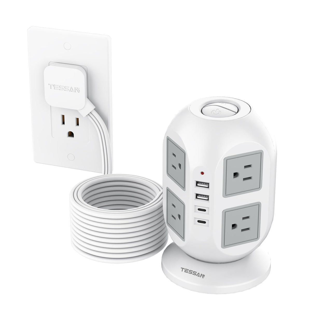 TESSAN front view of tower showing outlets and USB ports for versatile charging