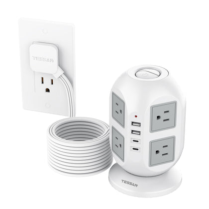 TESSAN front view of tower showing outlets and USB ports for versatile charging