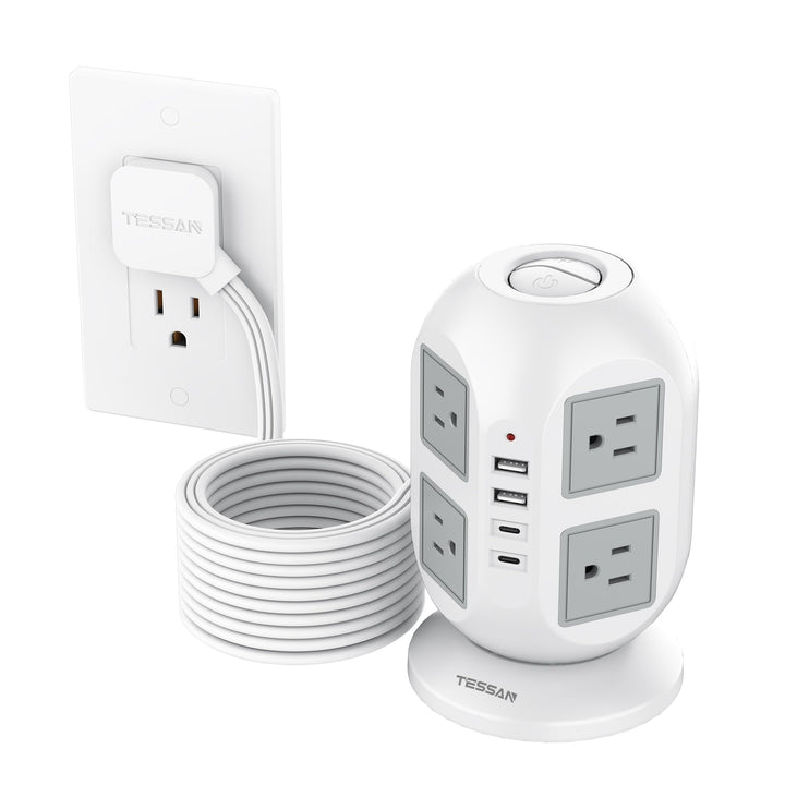 TESSAN front view of tower showing outlets and USB ports for versatile charging