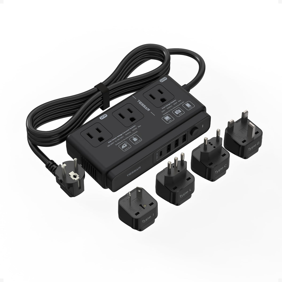 TESSAN front view showing AC outlets and USB ports, offering versatile charging