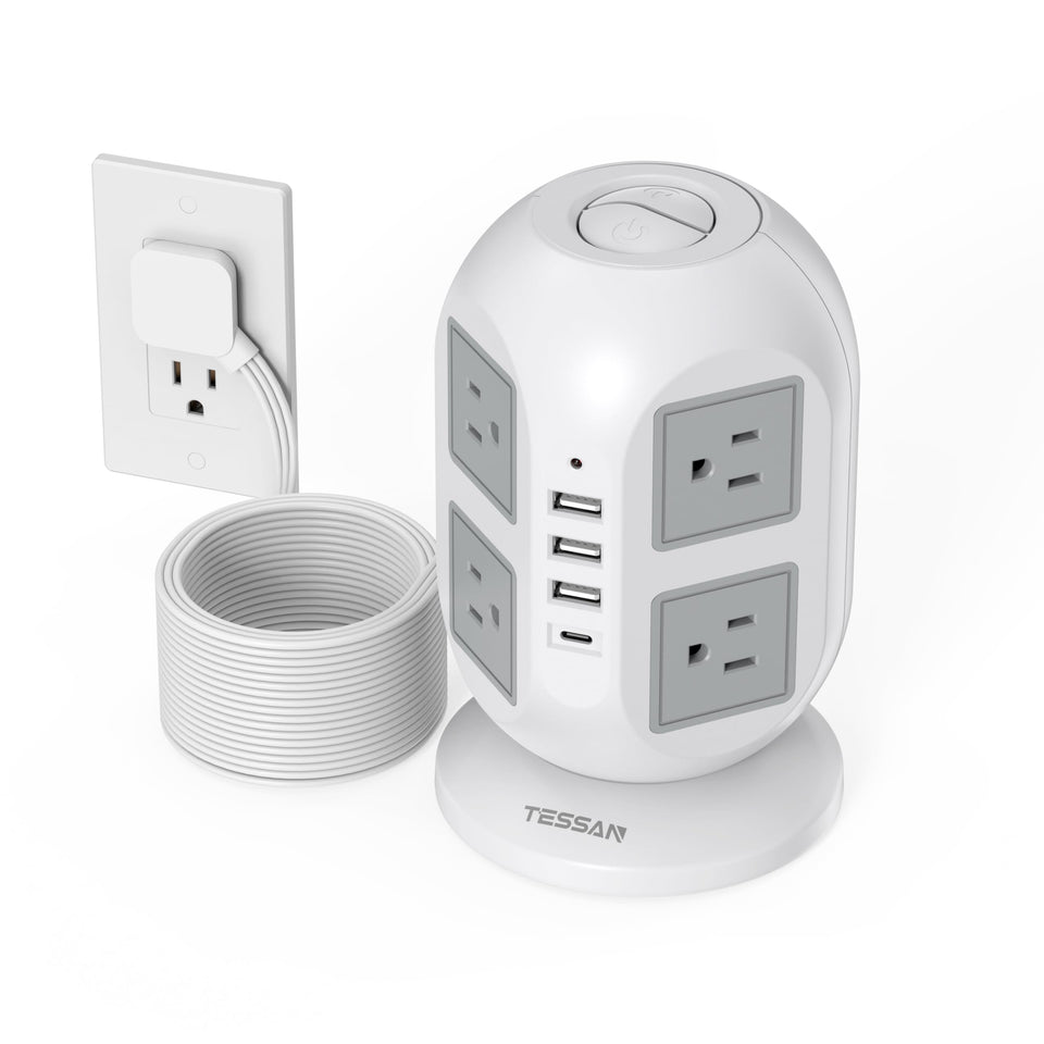 TESSAN front view of tower showing outlets and compact design for organized charging