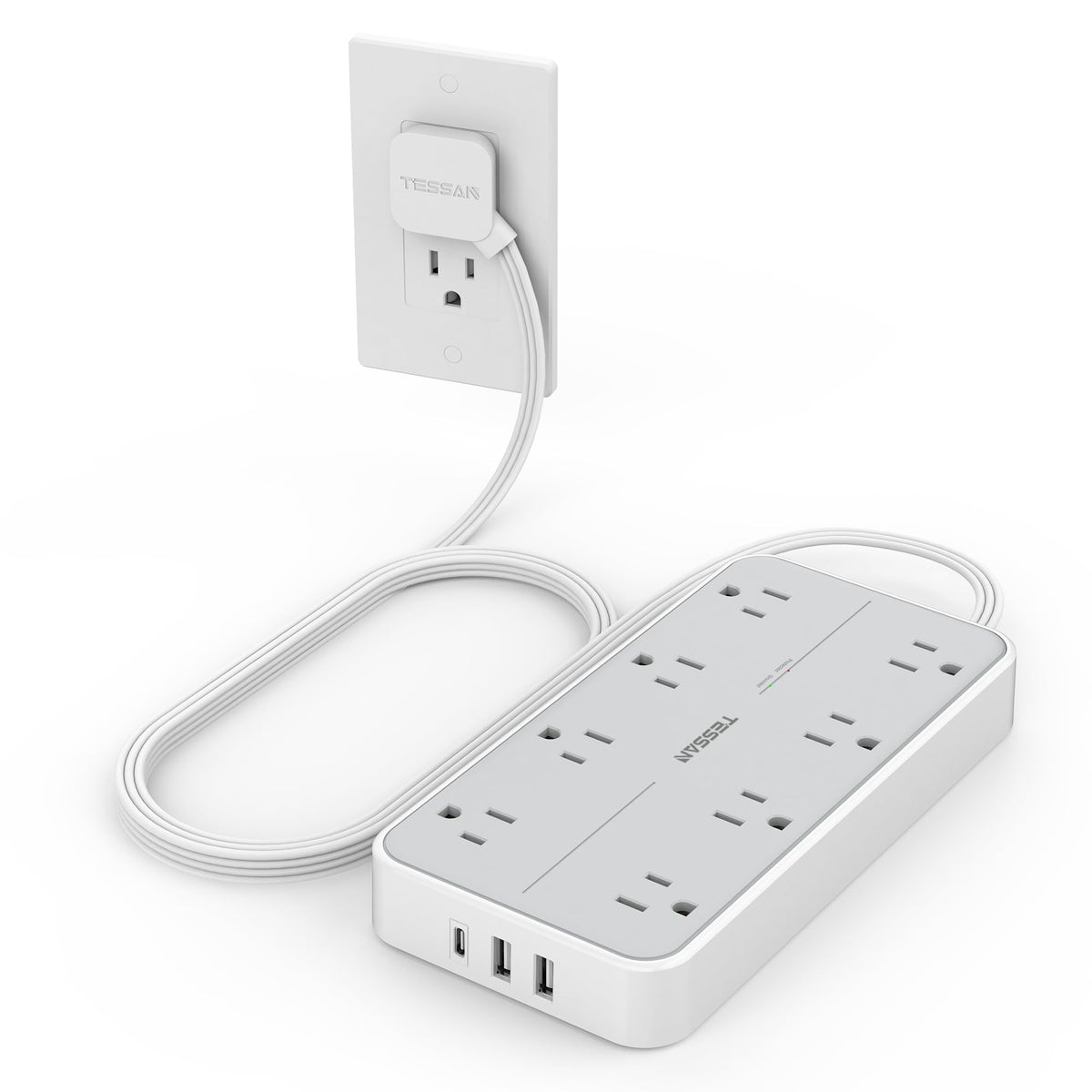 TESSAN front view of power strip showing outlets and USB ports, organized charging benefit