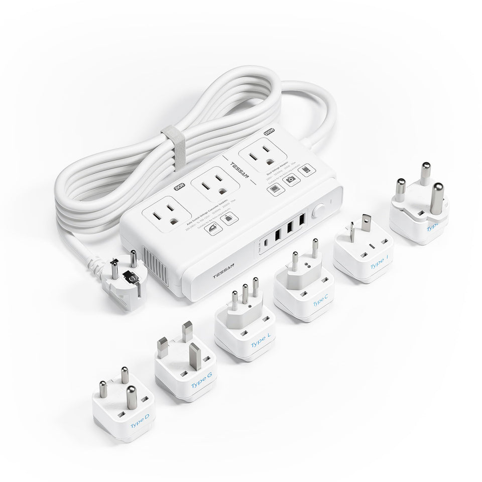 TESSAN front view showing outlets and USB ports for versatile travel charging