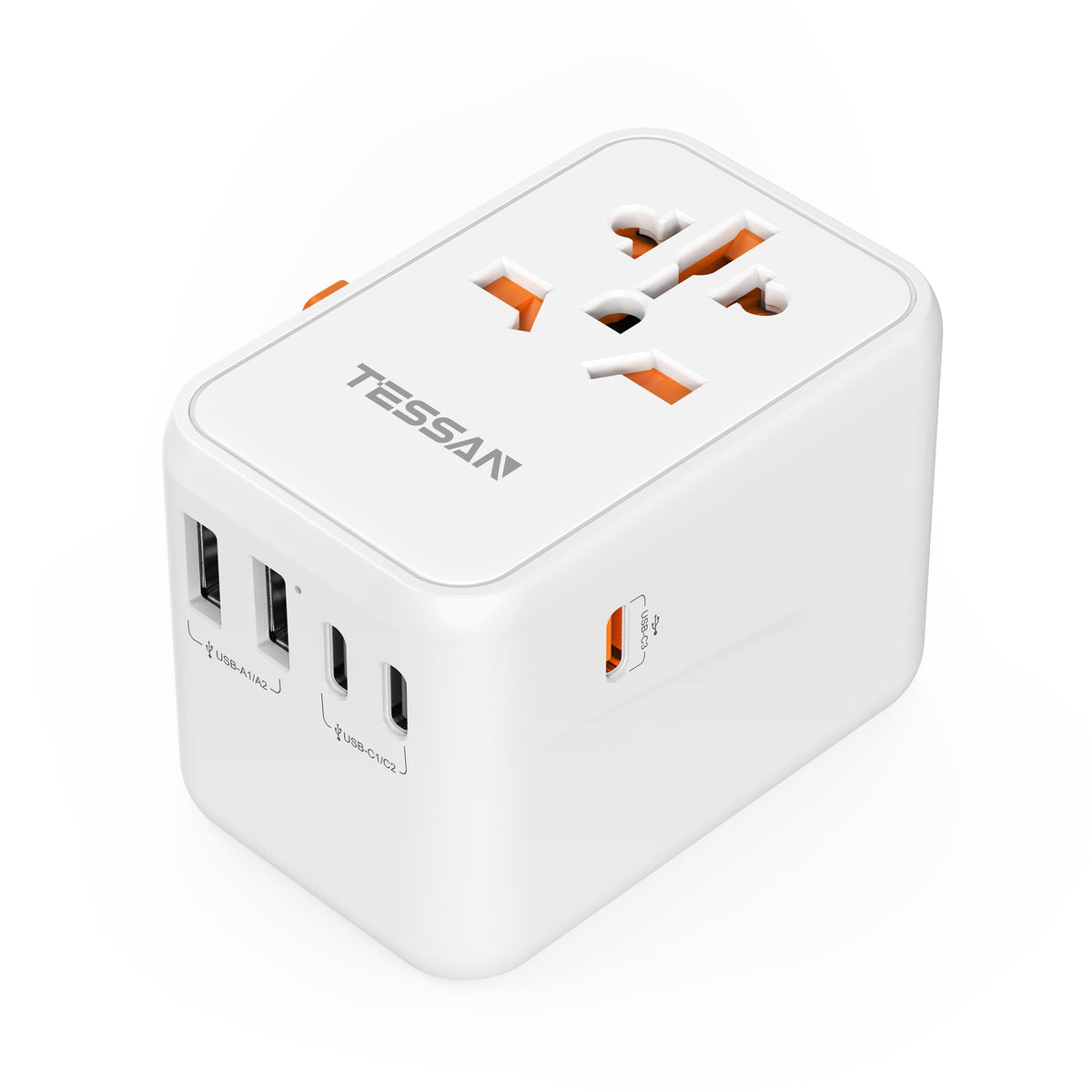 TESSAN front view showing universal outlet and USB ports for compact travel convenience