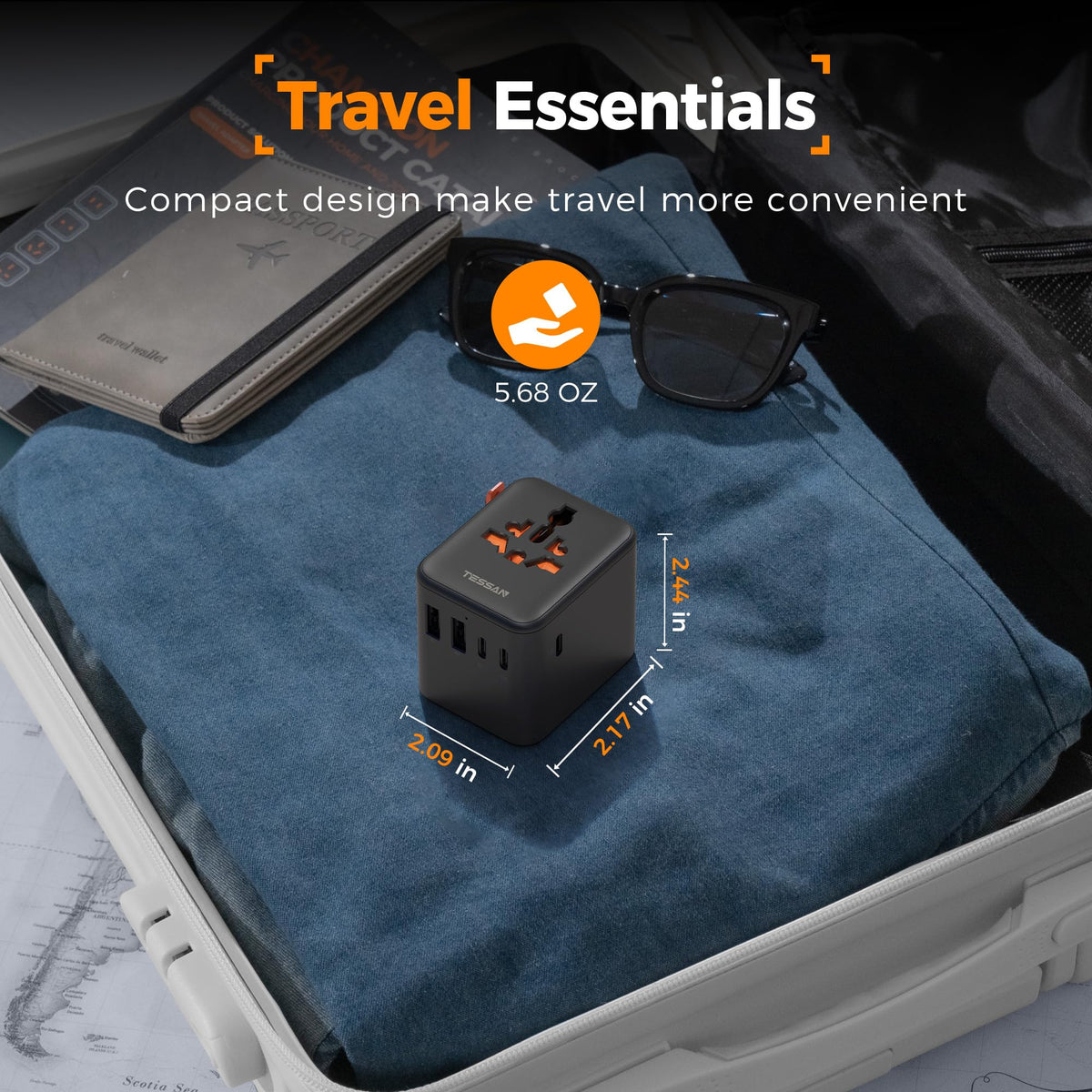 TESSAN in hotel room powering devices for convenient travel charging
